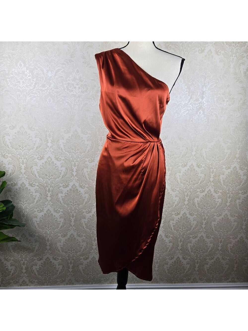 Rust Colored One Shoulder Cocktail Dress Defined Waist Tulip Front Hem Sz Large